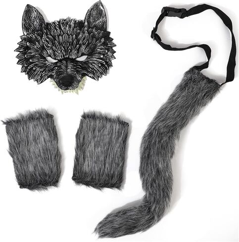 Cat Fox Wolf Mask Tail and Paws Gloves Set for Adult Kids Women Furry Animal Halloween Cosplay Party Costume Accessory in Kuwait