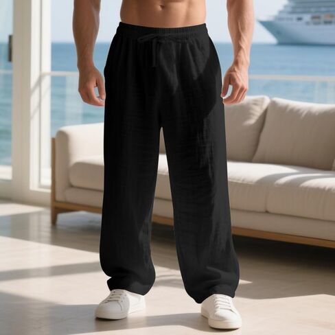 Men's Linen Pants Casual Drawstring Elastic Waist Trousers with Pockets Loose Fit Summer Beach Pants Black in Saudi Arabia