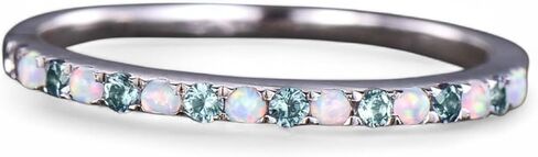18k Solid Yellow Gold Opal & Aquamarine Wedding Band for Women, Unique Half Eternity Handmade Gift Ring, Dainty Promise Ring, Stackable Bridal Jewelry, Birthday or Valentine’s Day Gift in Saudi Arabia