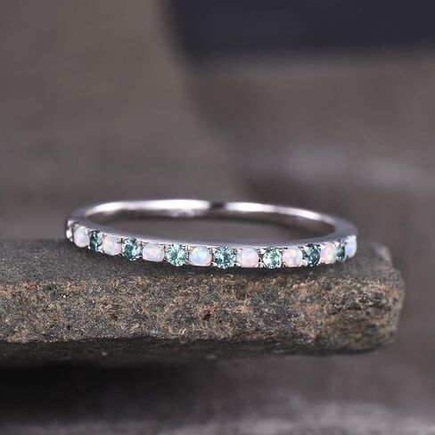 18k Solid Yellow Gold Opal & Aquamarine Wedding Band for Women, Unique Half Eternity Handmade Gift Ring, Dainty Promise Ring, Stackable Bridal Jewelry, Birthday or Valentine’s Day Gift in Saudi Arabia