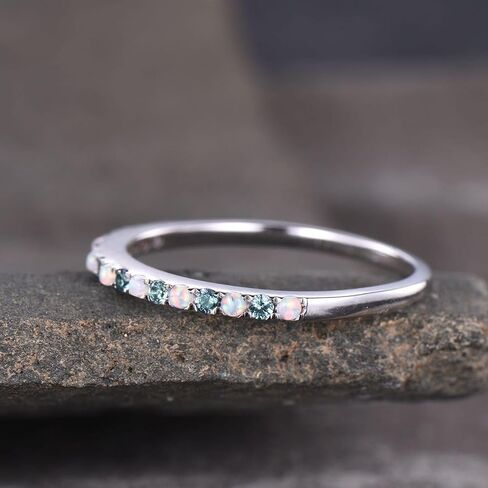 18k Solid Yellow Gold Opal & Aquamarine Wedding Band for Women, Unique Half Eternity Handmade Gift Ring, Dainty Promise Ring, Stackable Bridal Jewelry, Birthday or Valentine’s Day Gift in Saudi Arabia