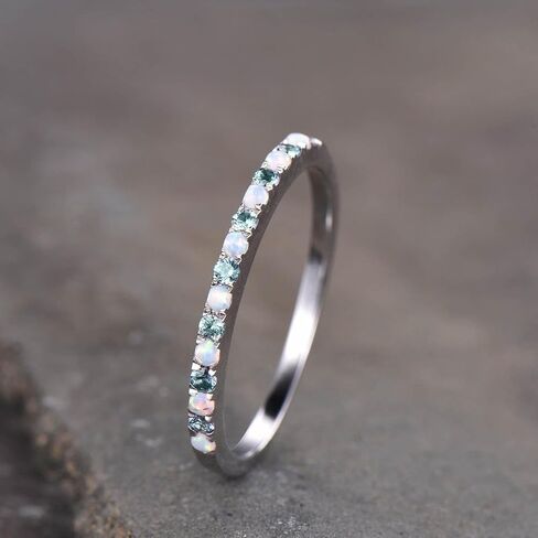 18k Solid Yellow Gold Opal & Aquamarine Wedding Band for Women, Unique Half Eternity Handmade Gift Ring, Dainty Promise Ring, Stackable Bridal Jewelry, Birthday or Valentine’s Day Gift in Saudi Arabia
