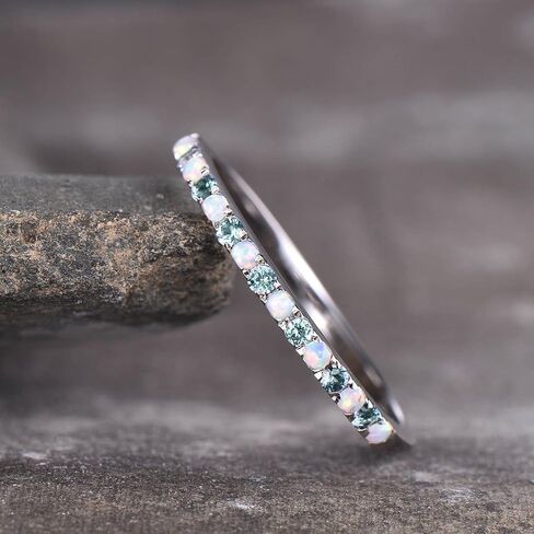 18k Solid Yellow Gold Opal & Aquamarine Wedding Band for Women, Unique Half Eternity Handmade Gift Ring, Dainty Promise Ring, Stackable Bridal Jewelry, Birthday or Valentine’s Day Gift in Saudi Arabia