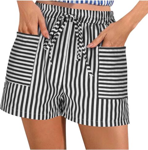 Womens Casual Stripe Shorts with Pocket Loose Comfy Elastic Waist Drawstring Wide Leg Beach Short Pants in Saudi Arabia