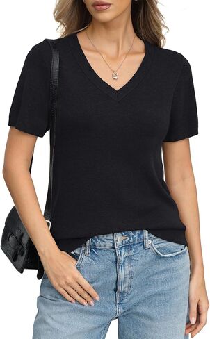 Womens Wool Blend Lightweight Sweater V Neck Short Sleeve Knit Pullover Tops Summer Business Casual Clothes in Kuwait