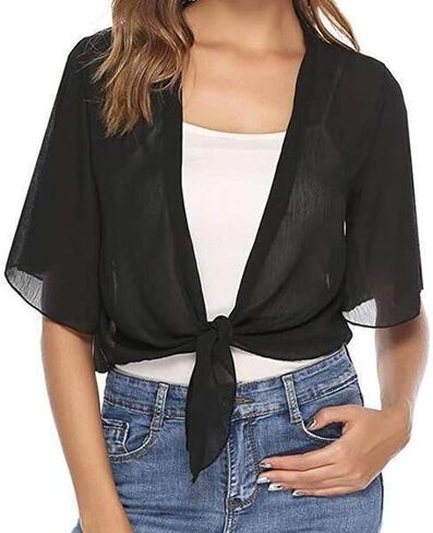 Cardigans Womens Fashion 2025 Cropped Open Front Sheer Shawl Cardigan Shrug Short Sleeve Tie Tops for Evening Dress Dark Gray in Saudi Arabia