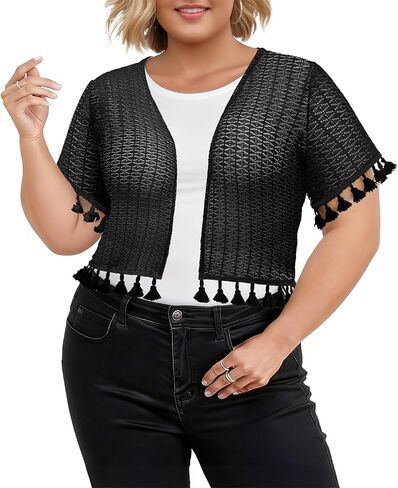 Lastshe المرأة حجم كبير تجاهلات الدانتيل قصيرة الأكمام قطع نمط بوليرو شير أعلى شرابة مع سترة نمط القمح in Kuwait