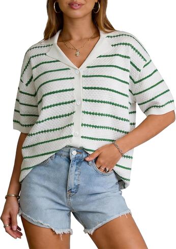 سترة صوفية للنساء كم قصير خفيفة الوزن قابلة للتمدد مخططة بأزرار علوية متماسكة ملابس صيفية تريكو 2026 in Kuwait