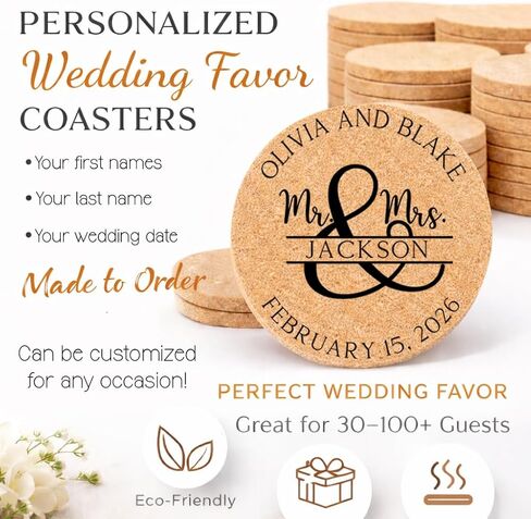Set of 30-100 Personalized Cork Coasters | Monogrammed Mr & Mrs Wedding Coaster Favors | Custom Engraved Cork Coaster Set | CC104 in Saudi Arabia