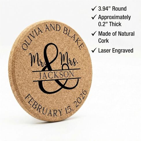 Set of 30-100 Personalized Cork Coasters | Monogrammed Mr & Mrs Wedding Coaster Favors | Custom Engraved Cork Coaster Set | CC104 in Saudi Arabia