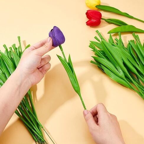 SUPERFINDINGS 30 قطعة 13 مقياسًا من أسلاك الزهور الجذعية مع أوراق زهور التوليب الاصطناعية، باقات جذعية ترتيب الزهور، أسلاك جذعية ملفوفة من البلاستيك لترتيب زهور باقة الزفاف in Saudi Arabia