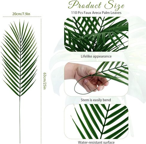 110 Pcs 25 Inch Artificial Palm Leaves Decor Fake Palm Branches Tree Leaves Large Tropical Faux Plants Plastic Fronds for Sunday Vase Tree Jungle Beach Wedding Party Decoration in Kuwait