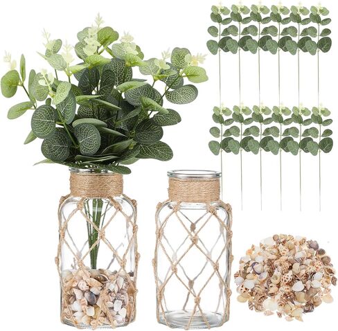 Coastal Flower Vase with Artificial Eucalyptus Leaves and Tiny Sea Shells Small Flower Vase with Rope Wrapping for Tables Centerpieces Nautical Home Decor Wedding Decor in Kuwait