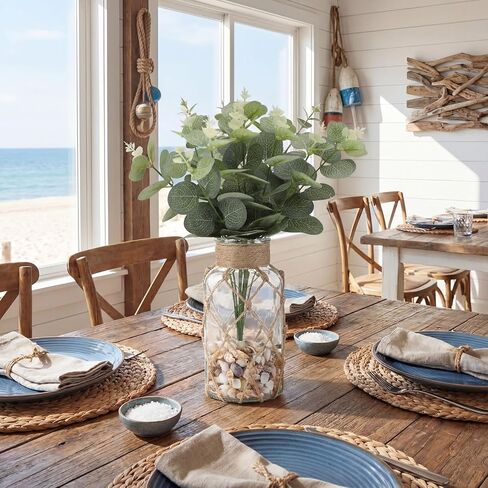 Coastal Flower Vase with Artificial Eucalyptus Leaves and Tiny Sea Shells Small Flower Vase with Rope Wrapping for Tables Centerpieces Nautical Home Decor Wedding Decor in Kuwait