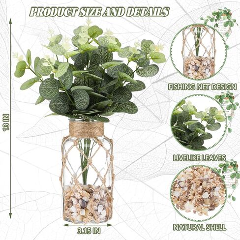 Coastal Flower Vase with Artificial Eucalyptus Leaves and Tiny Sea Shells Small Flower Vase with Rope Wrapping for Tables Centerpieces Nautical Home Decor Wedding Decor in Kuwait