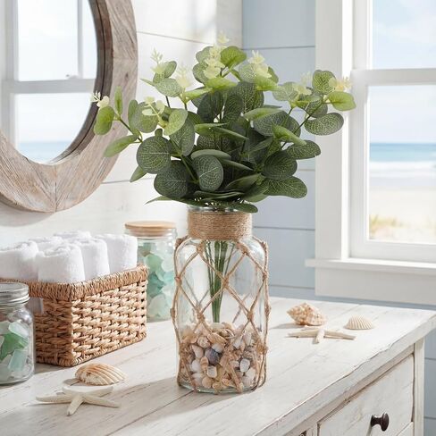 Coastal Flower Vase with Artificial Eucalyptus Leaves and Tiny Sea Shells Small Flower Vase with Rope Wrapping for Tables Centerpieces Nautical Home Decor Wedding Decor in Kuwait
