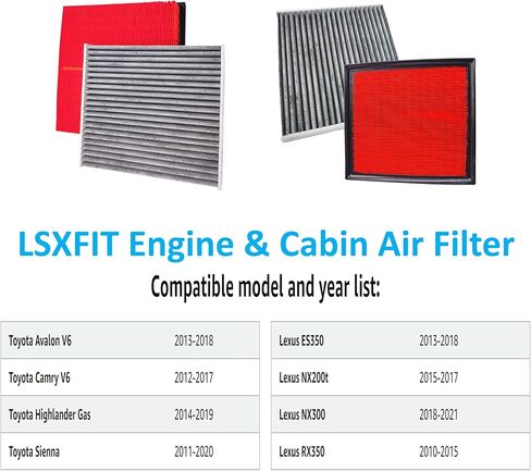 Engine & Cabin Air Filter For Highlander (14-19), Sienna (11-20), ES350 (13-18), RX350 (10-15), Avalon V6 (13-18), Camry V6 (12-17) in Kuwait