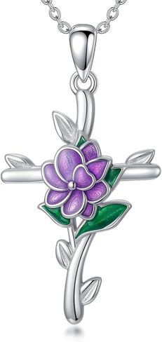 Seiyang Flower Cross Necklace 925 Sterling Silver Lily of the Valley/Rose/Sunflower/Violet/Tulip Cross Necklace Birth Flower Jewelry Gifts for Women Mom Her in Saudi Arabia