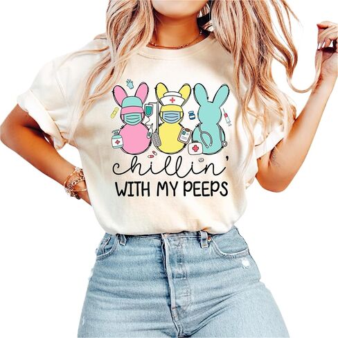 Handmade Cute Nurse Easter Bunny Tee, Chillin’ with My Peeps, Funny RN Gift, Healthcare Worker Holiday Shirt Multicolor Unisex in Saudi Arabia