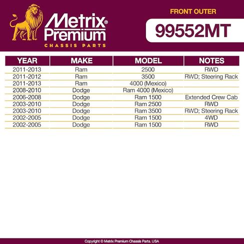 Metrix Premium Chassis Parts - 2 PC Front Outer Tie Rod End Kit Fits 11-13 Ram 2500 RWD, 11-12 3500 RWD, 11-13 4000, 08-10 Dodge Ram 4000, 06-08 Ram 1500 RWD, 03-10 Ram 2500, ES3538, Made in Europe in Saudi Arabia