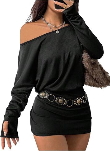 GORGLITTER Women's Date Night Off The Shoulder Mini Dress Sexy Long Sleeve Bodycon Party Club Fall Trendy Short Dresses in Saudi Arabia