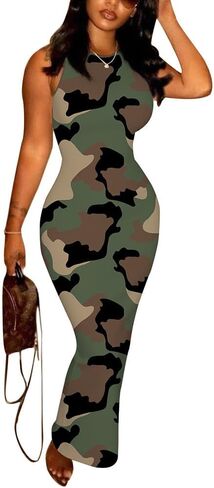 PINSV Women's Sleeveless Crew Neck Bodycon Maxi Dress - Stretchy Form Fitting Long Dress for Casual Daily Party in Kuwait