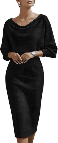 فستان نسائي برقبة واسعة، فستان متوسط ​​الطول أنيق بأكمام واسعة مناسب لحفلات الكوكتيل في عيد الحب in Kuwait