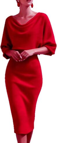 Womens Cowl Neck Pencil Dress, Elegant Batwing Sleeve Midi Dress for Office Valentines Day Cocktail Party in Saudi Arabia
