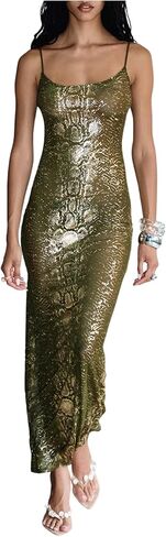 SweatyRocks Women's Sexy Sheer Mesh Snake Print Maxi Dress Spaghetti Strap Bodycon Summer Dresses Y2k Outfits in Saudi Arabia