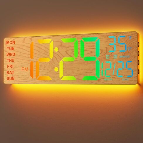 16.5" Large Digital Wall Clock with Remote Control, RGB Atmosphere Lights with 11 Scenes Mode, Dual Alarms with Big LED Display, Auto DST, Temperature for Living Room Gaming in Kuwait