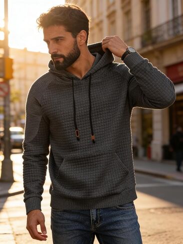 Men's Waffle Knit Hooded Sweatshirt, Loose Fit Long Sleeve Pullover Casual Fall Winter Top in Saudi Arabia