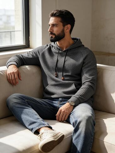 Men's Waffle Knit Hooded Sweatshirt, Loose Fit Long Sleeve Pullover Casual Fall Winter Top in Saudi Arabia