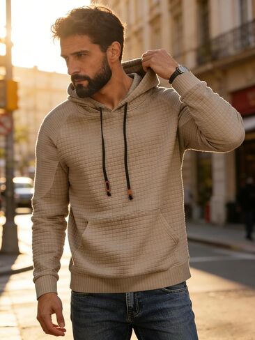 Men's Waffle Knit Hooded Sweatshirt, Loose Fit Long Sleeve Pullover Casual Fall Winter Top in Saudi Arabia