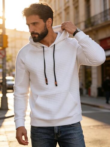 Men's Waffle Knit Hooded Sweatshirt, Loose Fit Long Sleeve Pullover Casual Fall Winter Top in Saudi Arabia