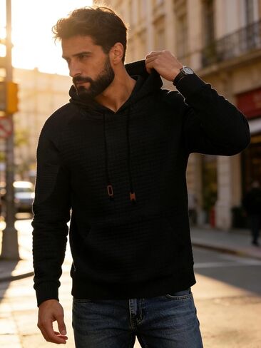 Men's Waffle Knit Hooded Sweatshirt, Loose Fit Long Sleeve Pullover Casual Fall Winter Top in Saudi Arabia