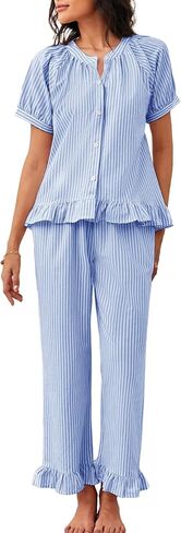 COZYPOIN Womens Striped Pajama Sets 2 Piece Cotton Button Down Short Sleeve Shirt Y2K Ruffle Pants Pockets Pjs Lounge Set in Kuwait