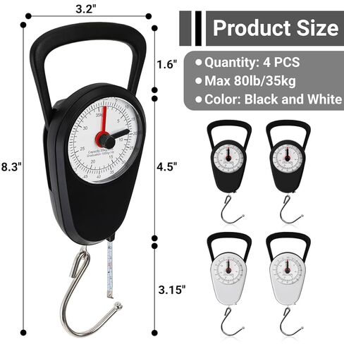 4 Pack Luggage Weight Scale, 80 Lbs Portable Fishing Hanging Scale with Tape Measure and Hook, Dual Unit Travel Suitcase Kitchen Dial Weight Scale for Shopping Traveling Food Weighing in Saudi Arabia