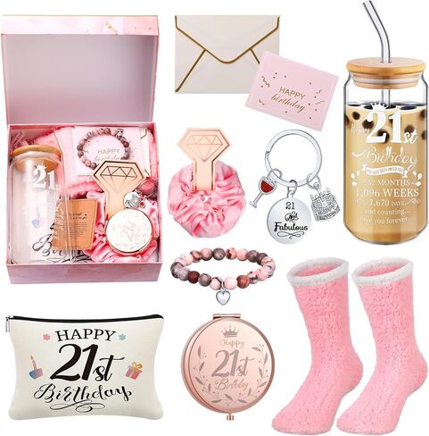 Yungyan 9 Pcs 21st Birthday Gifts for Her Bday Gift Basket with Makeup Bag 18oz Glass Cup Sock Keychain Card Mirror Bracelet Scrunchie Unique 21 Year Old Present for Women Female Daughter Born in 2005 in Saudi Arabia