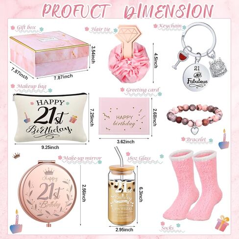 Yungyan 9 Pcs 21st Birthday Gifts for Her Bday Gift Basket with Makeup Bag 18oz Glass Cup Sock Keychain Card Mirror Bracelet Scrunchie Unique 21 Year Old Present for Women Female Daughter Born in 2005 in Saudi Arabia