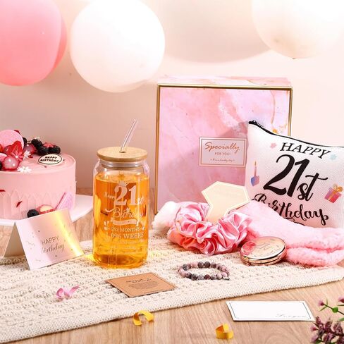 Yungyan 9 Pcs 21st Birthday Gifts for Her Bday Gift Basket with Makeup Bag 18oz Glass Cup Sock Keychain Card Mirror Bracelet Scrunchie Unique 21 Year Old Present for Women Female Daughter Born in 2005 in Saudi Arabia