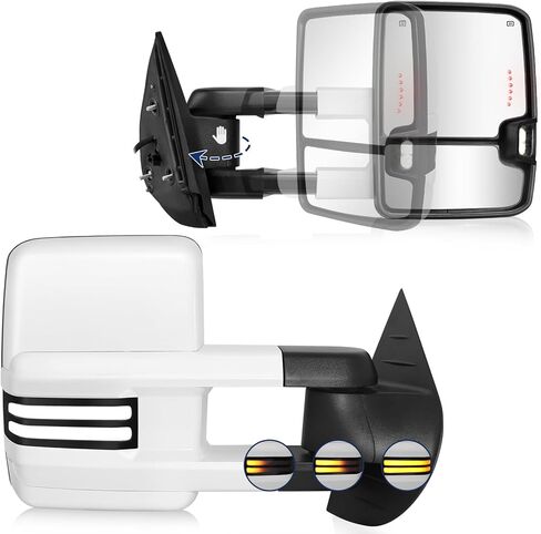 Switchback Towing Mirror, for 2007-2014 Chevy Silverado GMC Sierra Tow Mirrors with Power Adjusted Heated Glass Running Light Turn Signal Light Backup Lamp (All Painted White 8624) in Saudi Arabia