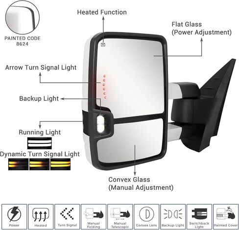 Switchback Towing Mirror, for 2007-2014 Chevy Silverado GMC Sierra Tow Mirrors with Power Adjusted Heated Glass Running Light Turn Signal Light Backup Lamp (All Painted White 8624) in Saudi Arabia