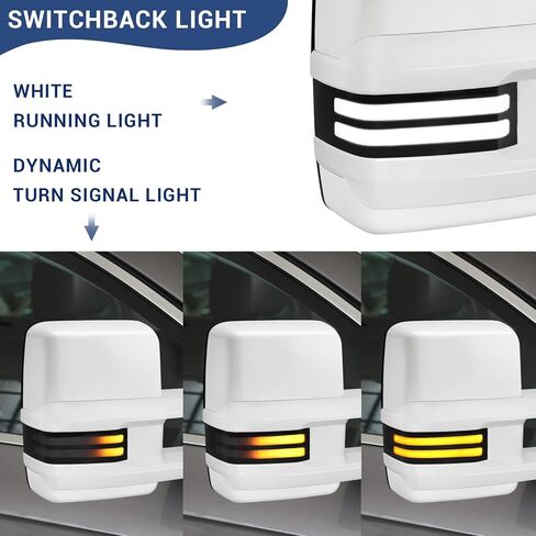 Switchback Towing Mirror, for 2007-2014 Chevy Silverado GMC Sierra Tow Mirrors with Power Adjusted Heated Glass Running Light Turn Signal Light Backup Lamp (All Painted White 8624) in Saudi Arabia