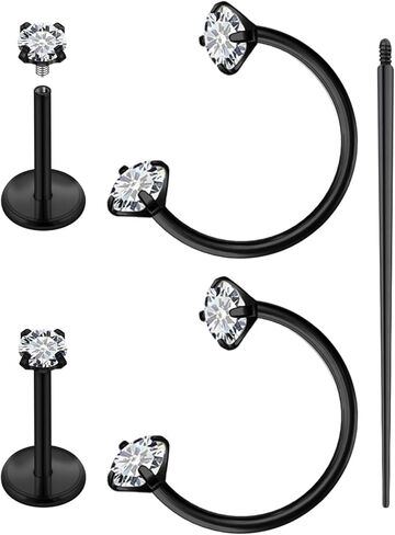 Hoeudjo 18G Horseshoe Nose Ring Surgical Steel Internally Threaded Nose Stud Earrings Flat Back Horse Shoe Nose Rings for Women Double Gem Nose Piercing Jewelry Ring Size 8MM in Saudi Arabia