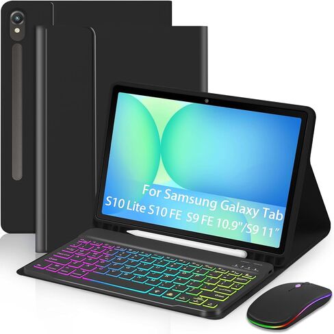Case with Keyboard for Samsung Galaxy Tab S9 FE 10.9"/ S9 11 inch 2023,7 Color Rainbow Backlit Detachable Keyboard Rotatable Magnetic Cover with Pencil Holder for Samsung Tablet S9 FE Black in Kuwait