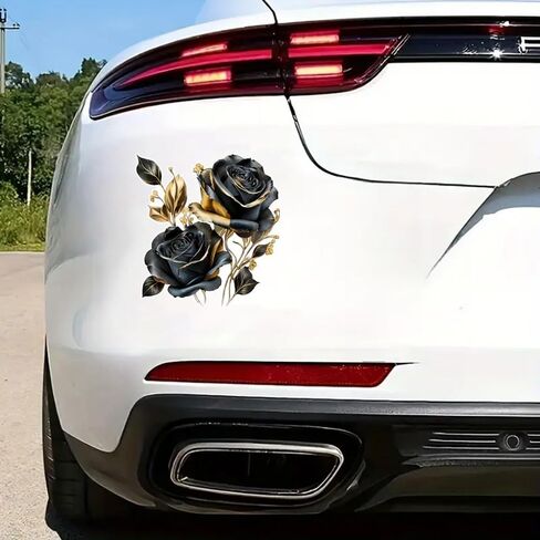 قطعتان من ملصق مصد السيارة المضحك على شكل زهرة وردة ذهبية سوداء، ملصق من الفينيل مقاس 5 بوصة، مقاوم للماء، مقطوع بالقالب للسيارات والنوافذ وأجهزة الكمبيوتر المحمولة in Kuwait