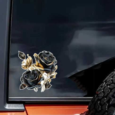 قطعتان من ملصق مصد السيارة المضحك على شكل زهرة وردة ذهبية سوداء، ملصق من الفينيل مقاس 5 بوصة، مقاوم للماء، مقطوع بالقالب للسيارات والنوافذ وأجهزة الكمبيوتر المحمولة in Kuwait