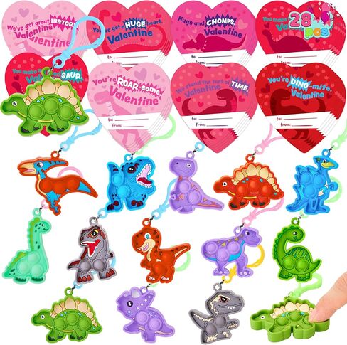 JOYIN 28 Packs Valentines Day Cards with Pop Fidget Keychain Toys, 14 Styles Dinosaur Stress Anxiety Relief Fidget Toys with Cards for Kids Valentine Classroom Exchange Prizes Party Favors in Saudi Arabia