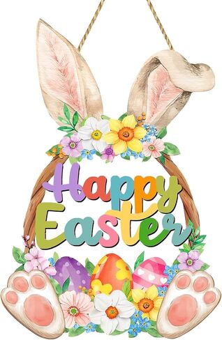 Easter Decoration Bunny Door Sign Wooden Easter Wreath for Front Door Happy Easter Spring Decoration Cute Rabbit Design Flower Egg Welcome Hanging for Home Wall Decor Party Outdoor indoor Supply in Saudi Arabia