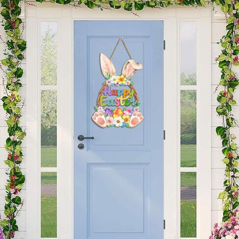 Easter Decoration Bunny Door Sign Wooden Easter Wreath for Front Door Happy Easter Spring Decoration Cute Rabbit Design Flower Egg Welcome Hanging for Home Wall Decor Party Outdoor indoor Supply in Saudi Arabia